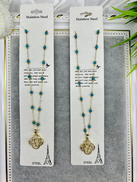 Blue beads chain with Gold Flower pendant