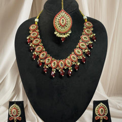 Kundan and Pearl Choker Necklace Set - Red