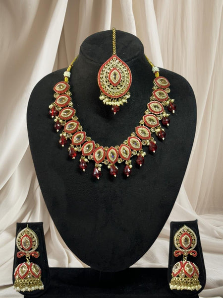 Kundan and Pearl Choker Necklace Set - Red