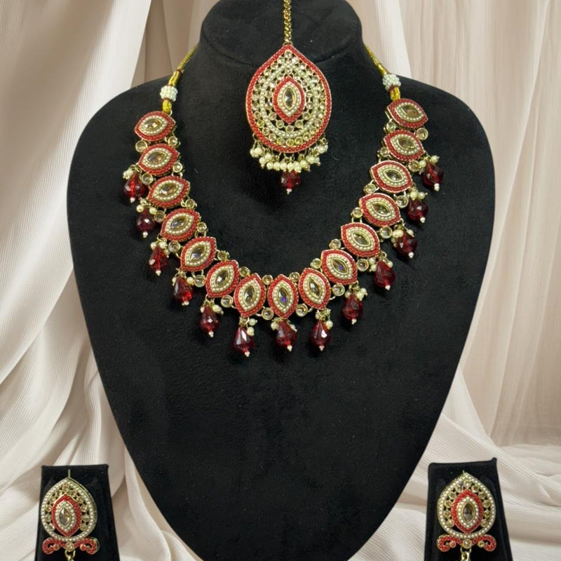 Kundan and Pearl Choker Necklace Set - Red