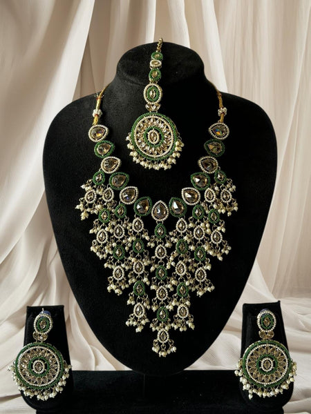 Kundan and Pearl Choker Bridal Necklace Set - Green