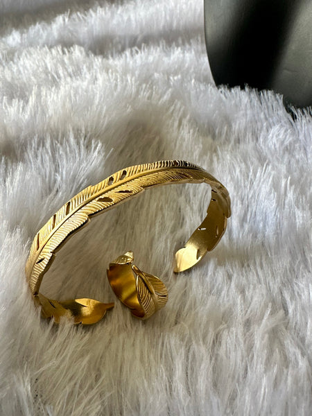 Anti Tarnish Leaf Cuff Bracelet Ring Combo