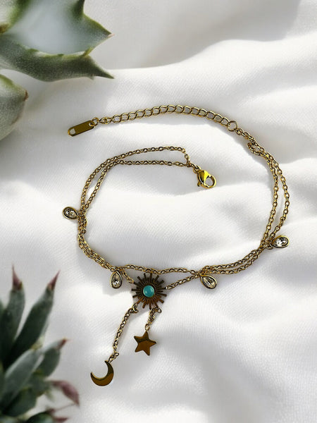 Anti Tarnish Two layer charm anklet with Sun moon and Start
