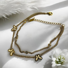 Anti Tarnish Two layer charm anklet with pearls and butterflies