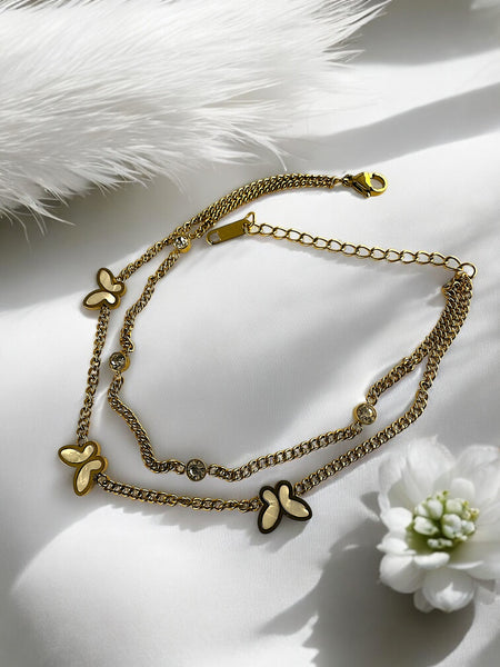 Anti Tarnish Two layer charm anklet with pearls and butterflies