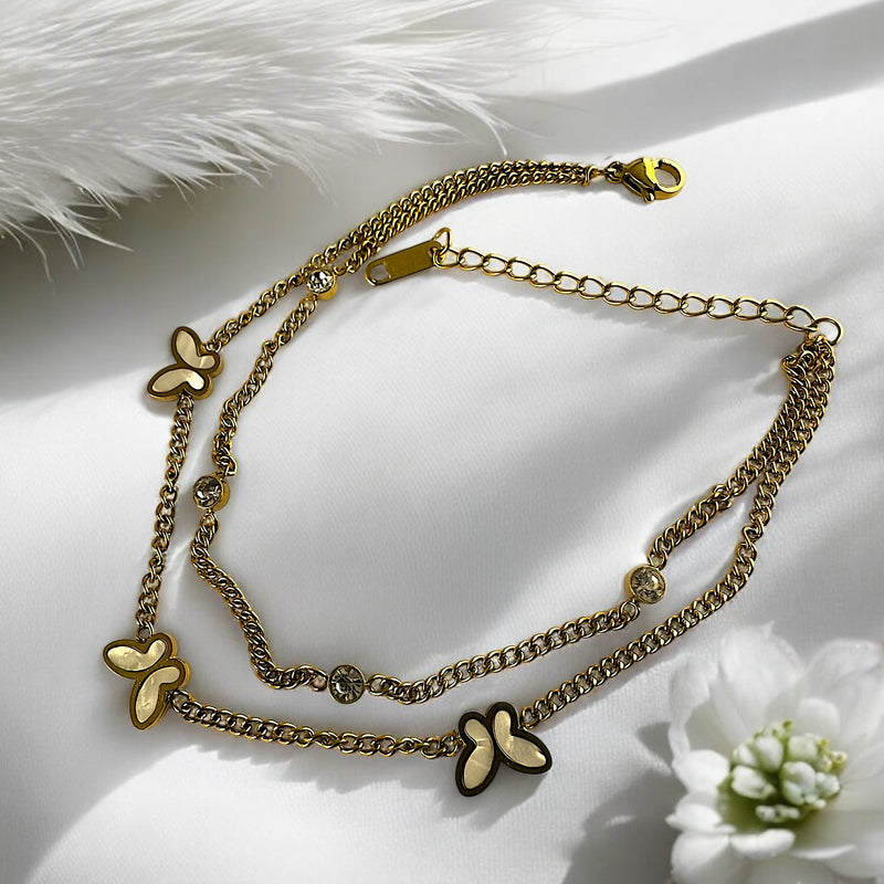 Anti Tarnish Two layer charm anklet with pearls and butterflies
