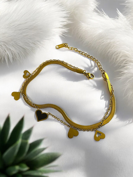 Anti Tarnish Two layer heart charm anklet with snake chain