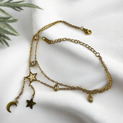 Anti tarnish layered moon and stars charm anklet
