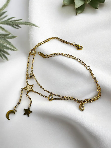 Anti tarnish layered moon and stars charm anklet