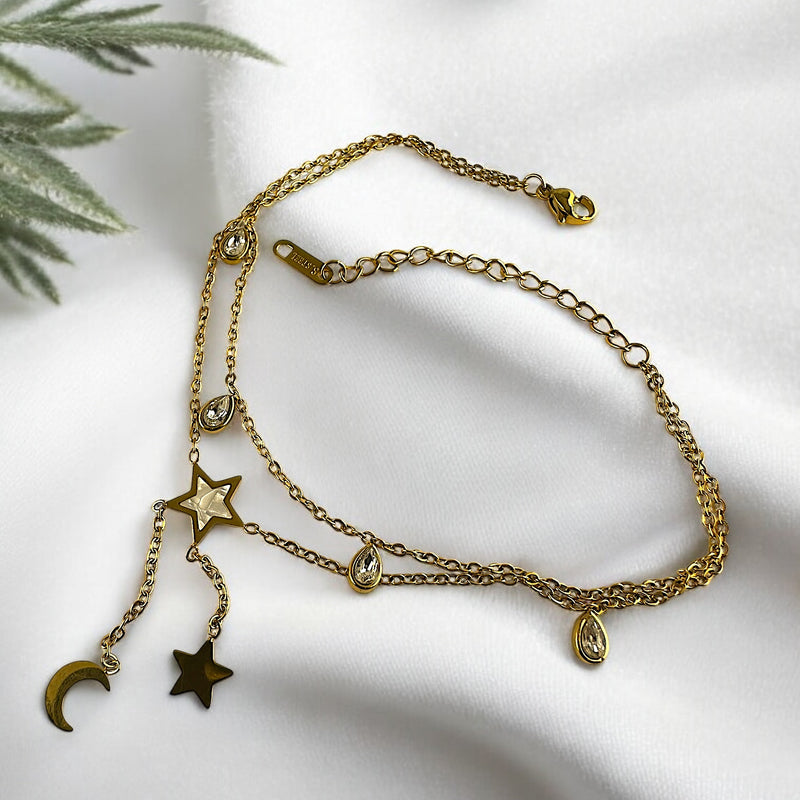 Anti tarnish layered moon and stars charm anklet