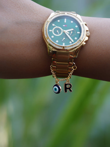 Initial and Evil Eye Watch Charm - Gold