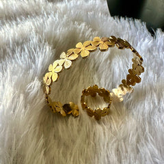 Flower Anti Tarnish Cuff Bracelet Ring Combo