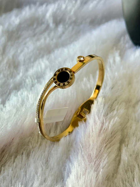 Gold Round Roman Number Dial Cuff Bracelet