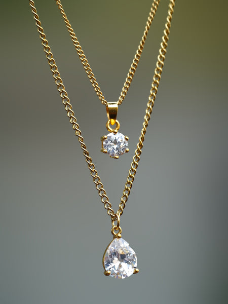 Layered Solitaire Style Pendant Anti Tarnish Necklace