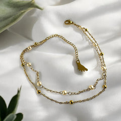 Anti Tarnish Dainty Two layer charm anklet with pearls