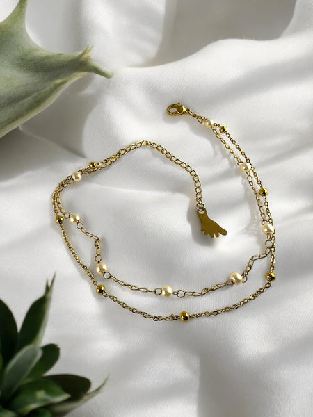 Anti Tarnish Dainty Two layer charm anklet with pearls