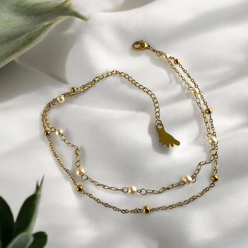 Anti Tarnish Dainty Two layer charm anklet with pearls