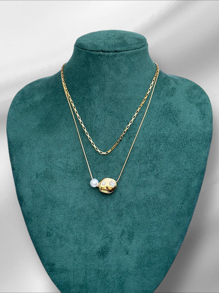 Two Layered Pearl and Geometric Pendant Necklace