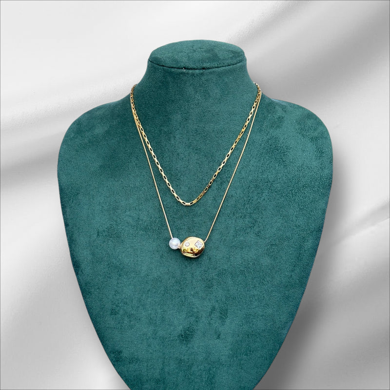 Two Layered Pearl and Geometric Pendant Necklace