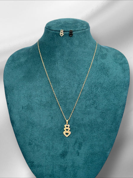 Layered three hearts necklace and earrings set