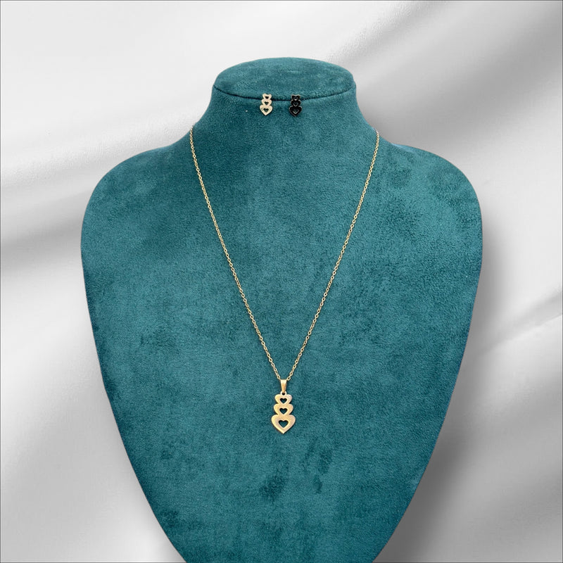 Layered three hearts necklace and earrings set