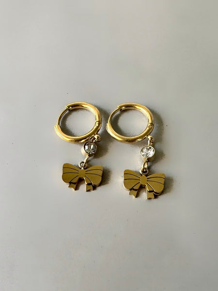 Small Bow on Hoops Anti Tarnish Earrings - Gold