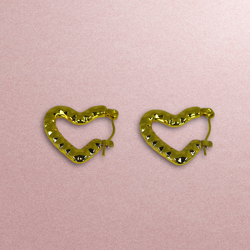 Small Textured Anti Tarnish Heart Hoops - Gold