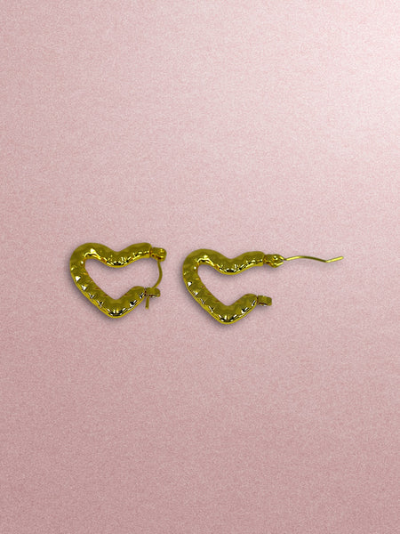 Small Textured Anti Tarnish Heart Hoops - Gold