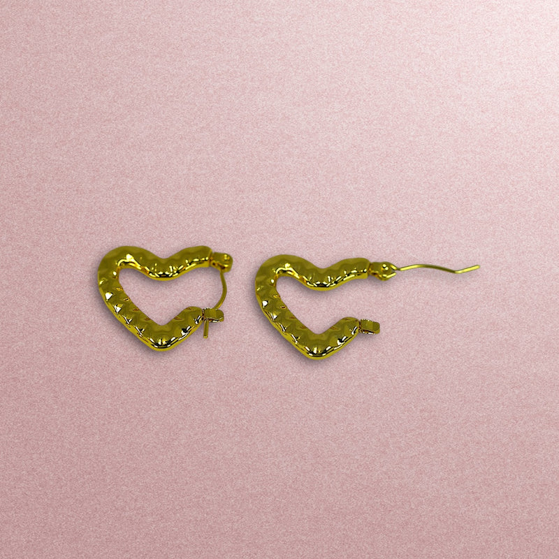 Small Textured Anti Tarnish Heart Hoops - Gold