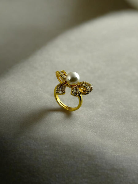 Stone studded bow with pearl Anti Tarnish Ring
