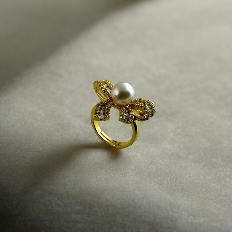 Stone studded bow with pearl Anti Tarnish Ring