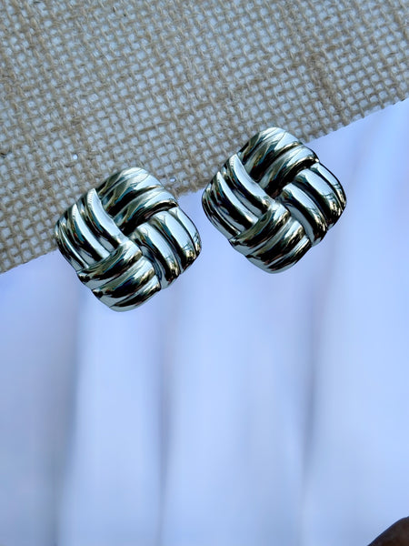 Textured Anti Tarnish Square Earrings - Silver