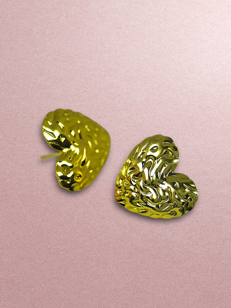Textured Heart Shaped Anti Tarnish Stud Earrings - Gold