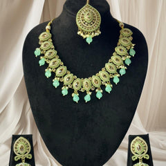 Kundan and Pearl Choker Necklace Set - Mint Green