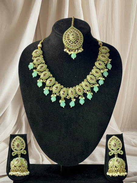 Kundan and Pearl Choker Necklace Set - Mint Green