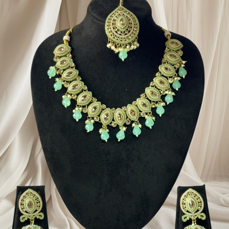 Kundan and Pearl Choker Necklace Set - Mint Green