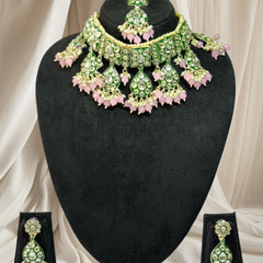 Pink and Green Bridal Set with Earrings and Maangtika