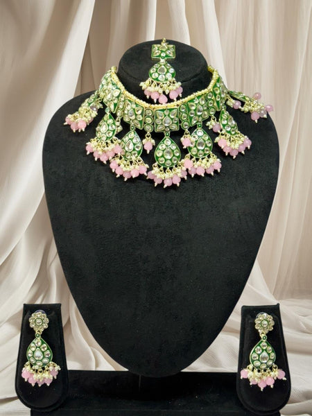 Pink and Green Bridal Set with Earrings and Maangtika