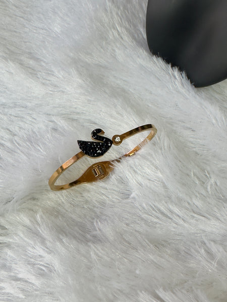 Anti Tarnish Black Crystal Swan Cuff Bracelet - Gold