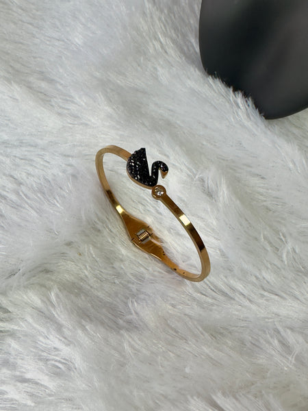 Anti Tarnish Black Crystal Swan Cuff Bracelet - Gold